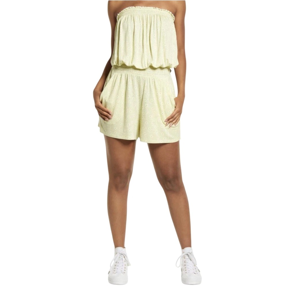 BP Nordstrom Ivory Green Myra Vine Floral Smocked Strapless Romper Large NEW